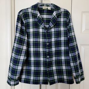 L.L. Bean Pajama Top Shirt Flannel Mens M Green Blue Sleepwear Buttoned Soft